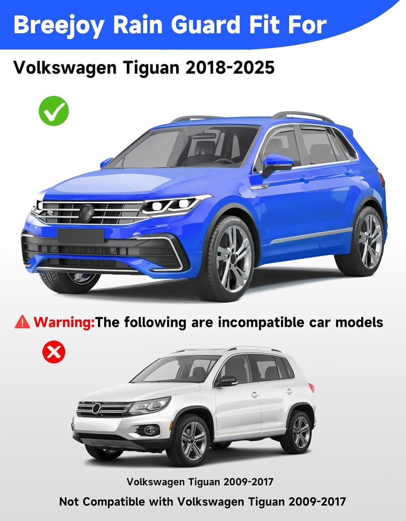 Breejoy in-Channel Rain Guards Fit for Volkswagen Tiguan 2018-2024 Window Rain Guards Visors Vent Visors Window Deflector Vent Shades Car Accessories -4 pcs - Image 3